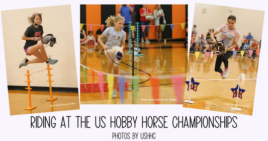 3 Pictures of girls riding jumps with hobby horses at US hobby horse championships, light purple background.