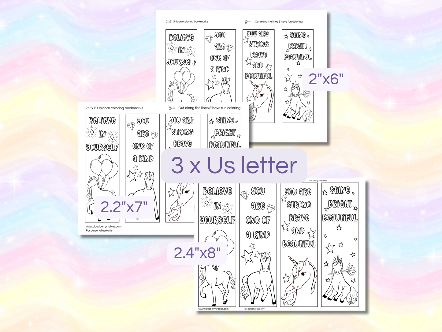 3 pages of unicorn bookmarks on US letter size paper