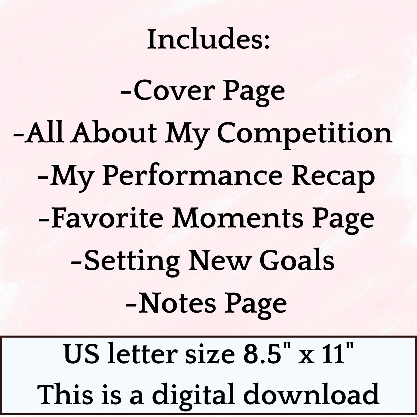 Text of what is included on the hobby horse journal. Light pink background. On a light blue box there's text about the size of the file that is US letter size as well as it is a digital donwload.