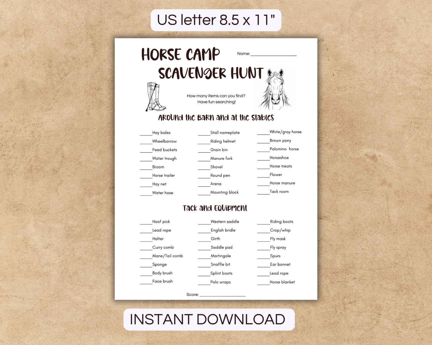 Printable Horse Camp Scavenger Hunt Game