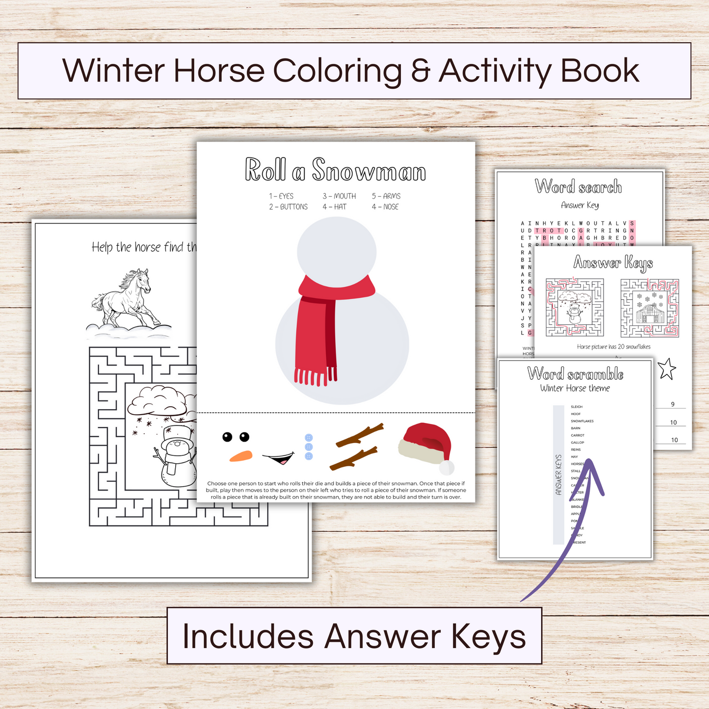 Printable winter horse coloring and activity book for kids. Showing pages of maze and roll a snowman and answer keys.