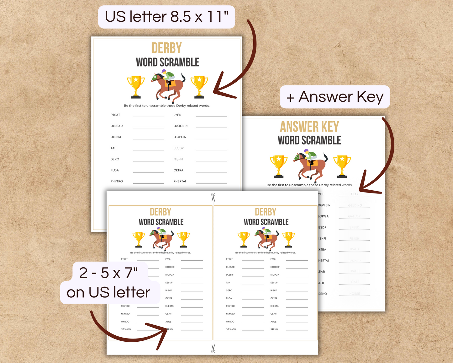 Derby Words Scramble Game in US letter size as well as 2 -5x7" on US letter + Answer Key, Horse racing games