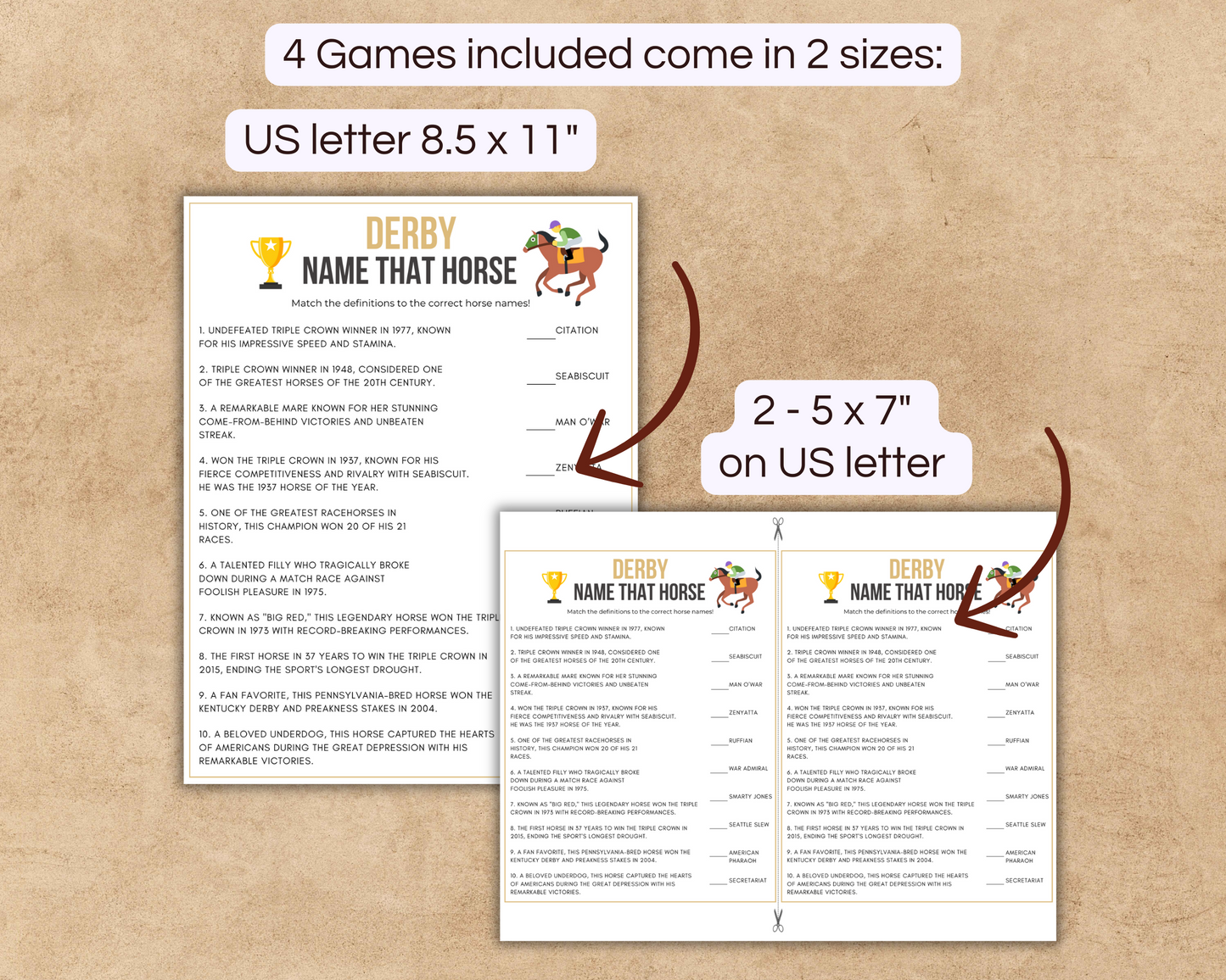 Presenting 2 sizes of the Derby games included in the activity bundle. US letter and 2 on US letter sizes.