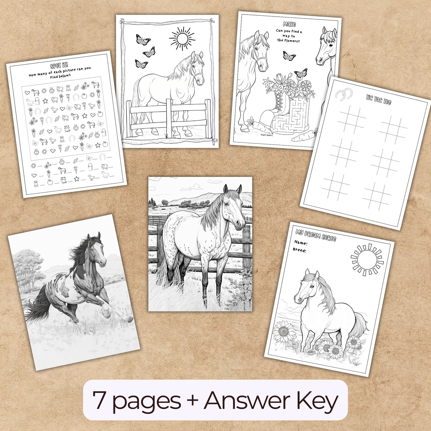 showing 7 pages of printable horse coloring and activity book for kids