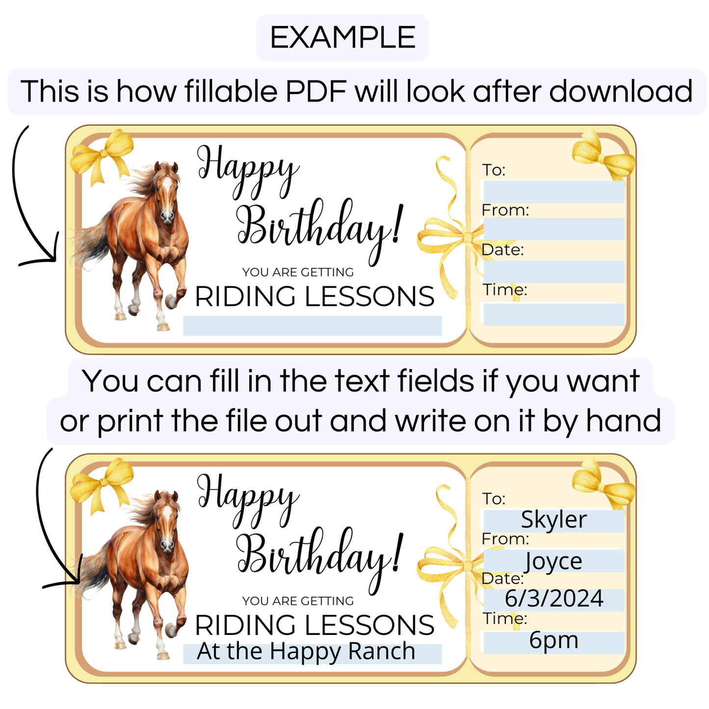 Printable horse riding ticket vouchers. Yellow tickets on a gray background. Showing how fillable pdf works with these tickets.