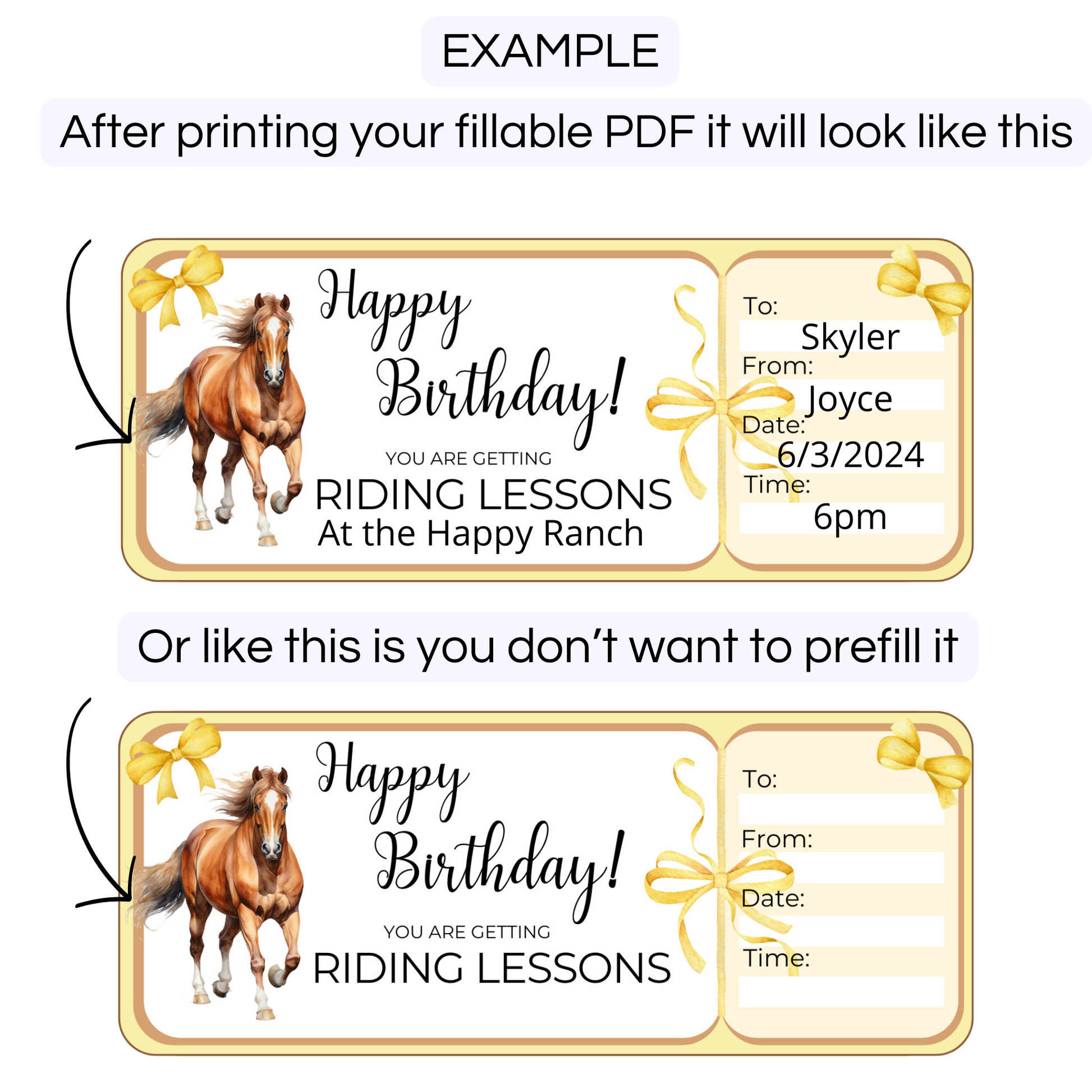 Printable horse riding ticket vouchers.  2 yellow tickets on a gray background. Showing how these fillable tickets work.