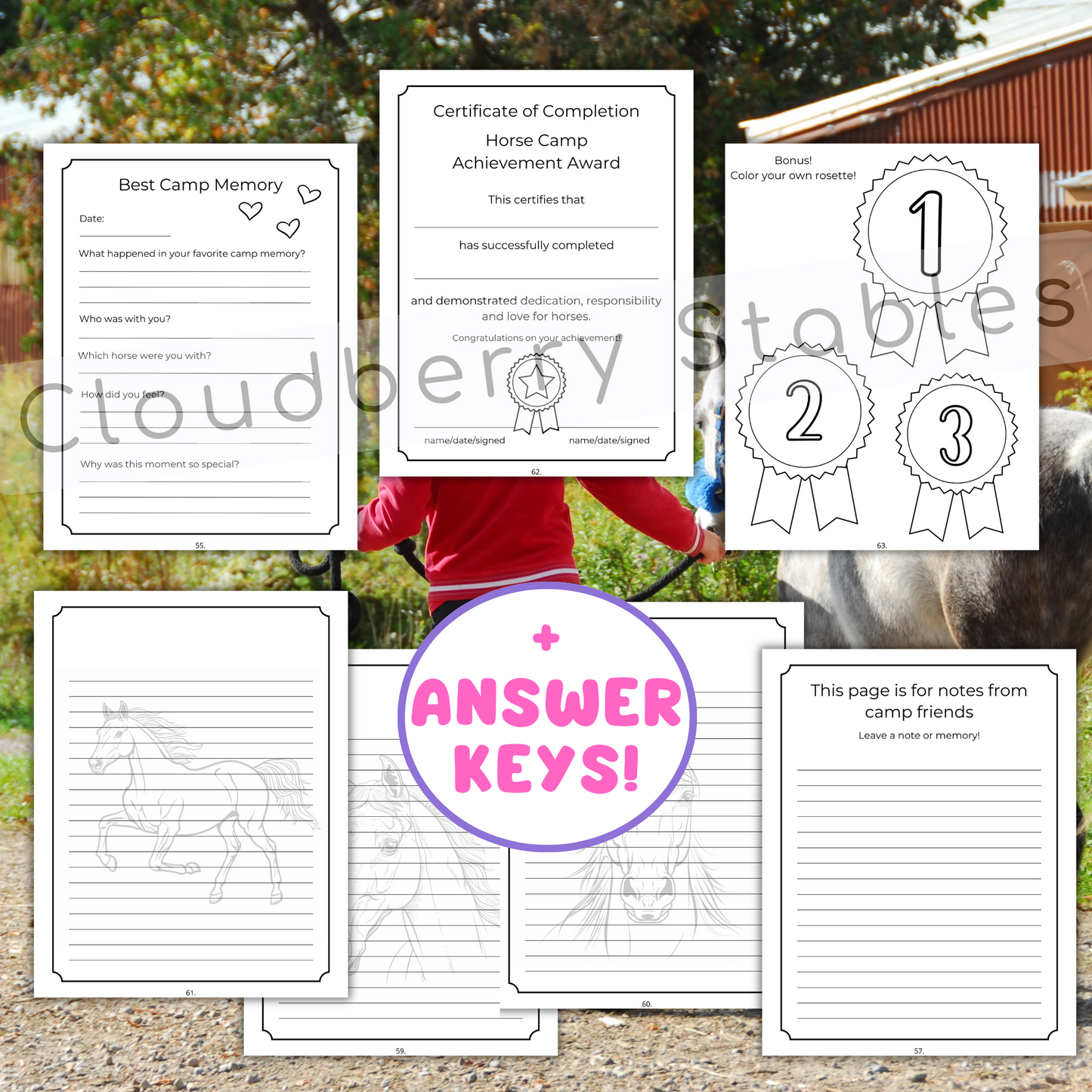 Horse Camp Activity and coloring workbook printable, showing 7 pages of activities such as best camp memory, horse camp award and horse stationery writing paper. Pages are black and white. Summery background. Text saying answer keys are included.