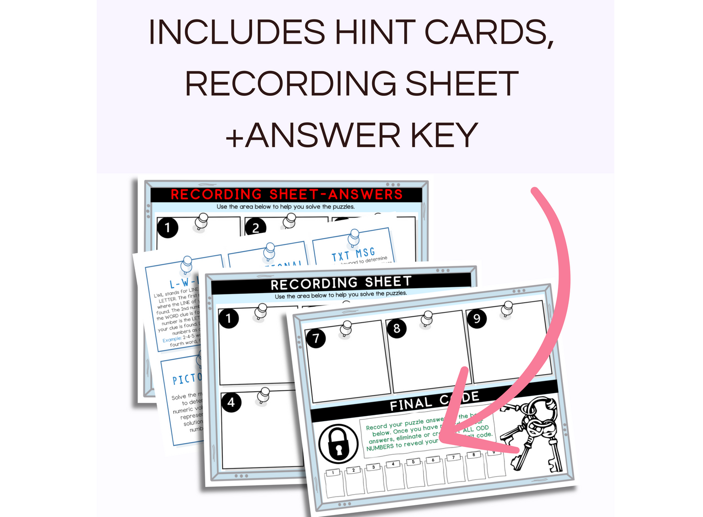 Escape room game hint card, recording sheets and answer key
