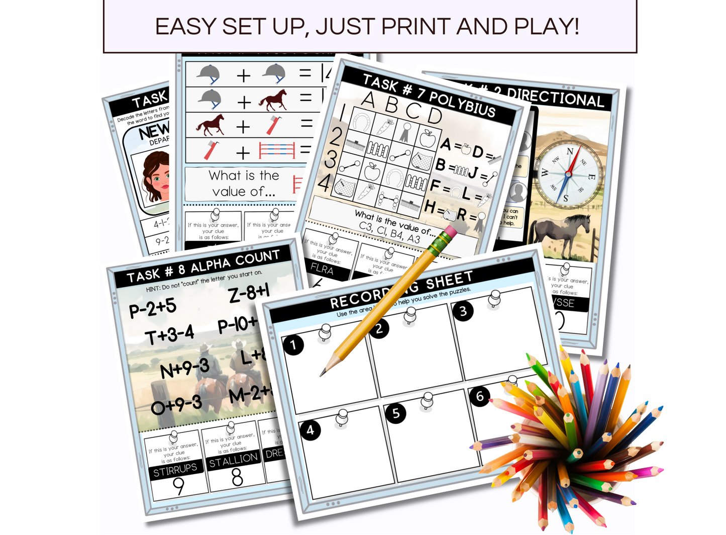 Horse Camp escape room game 5 tasks and a recording sheet with pencils