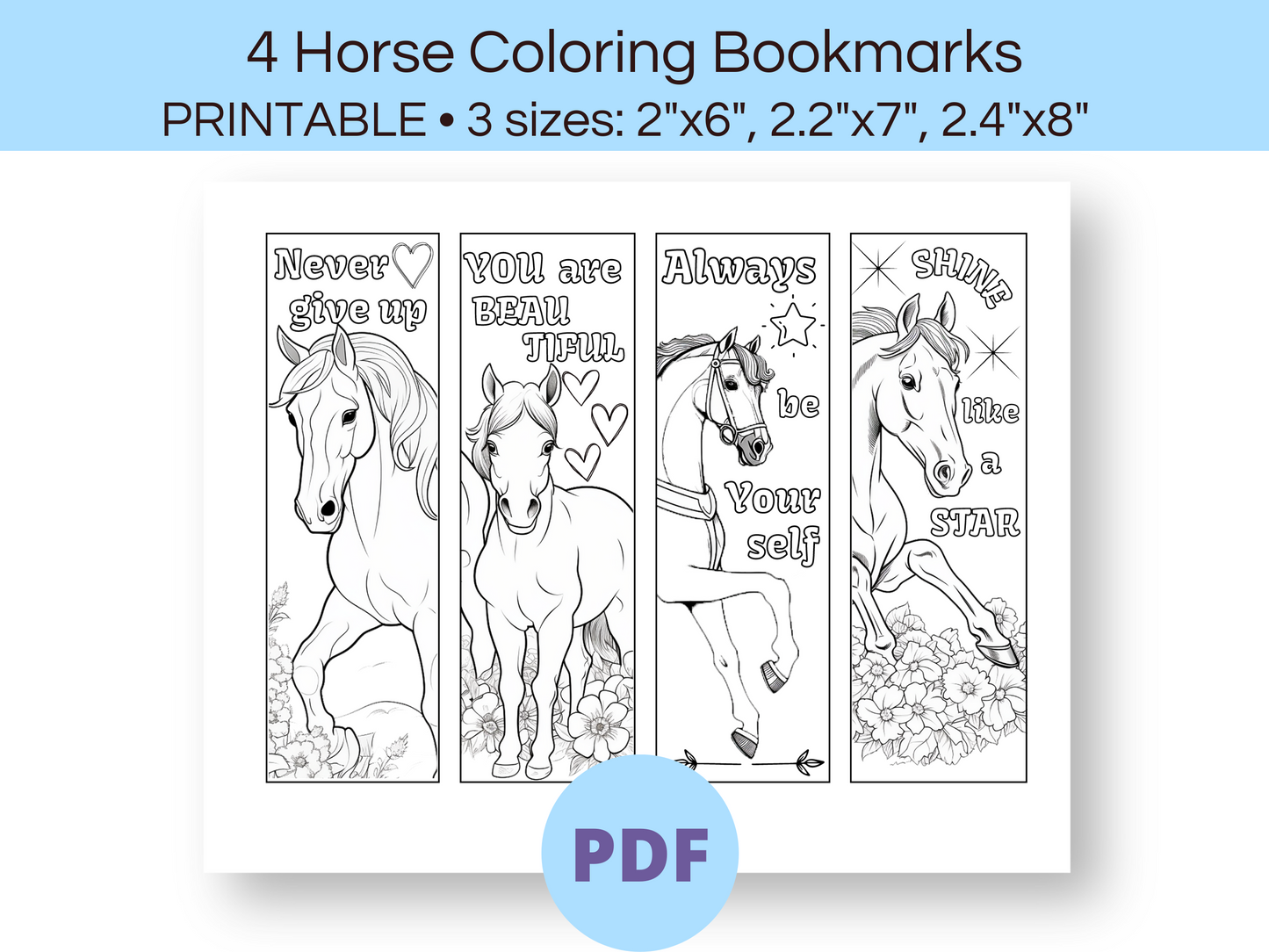 Picture of 4 bookmarks with different horses on them. They have text too
