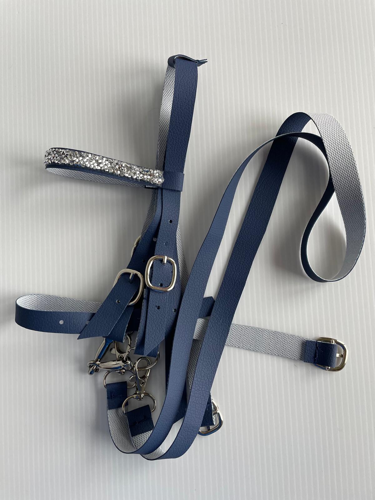 Blue horse bridle with silver accents on a light gray background
