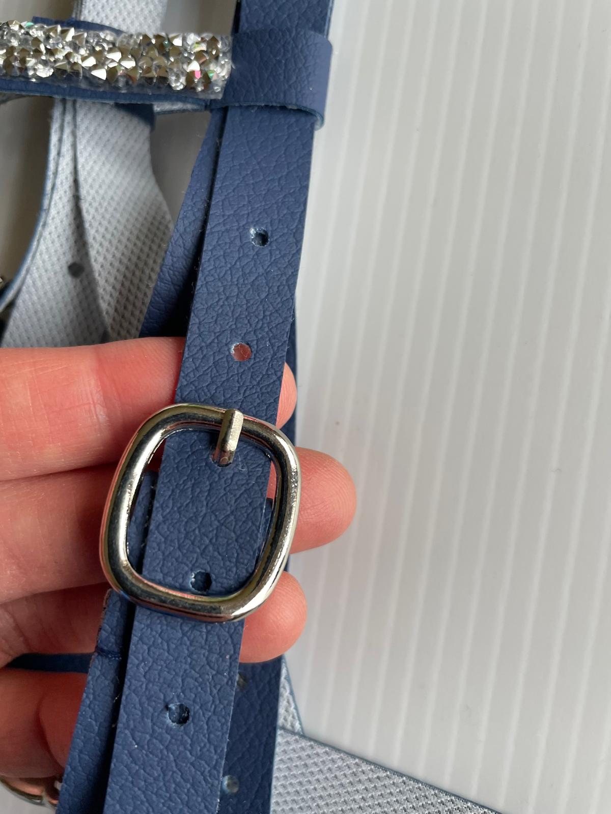 Blue bridle strip with silver buckle held by a hand against a white background
