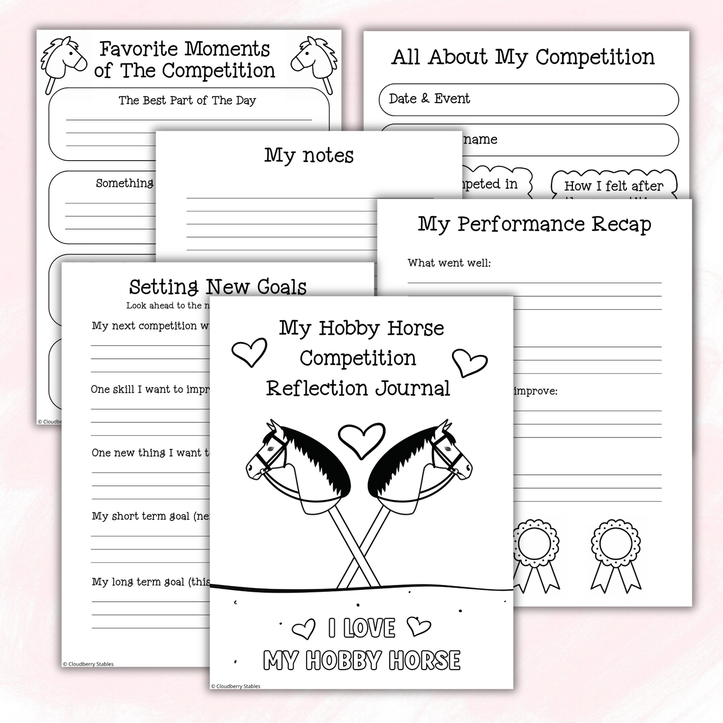 Picture of Hobby Horse Competition Reflection Journal of 6 pages. Pages are black and white and some have images such as hobby horses, hearts and rosettes on them as well as text. Light pink background.