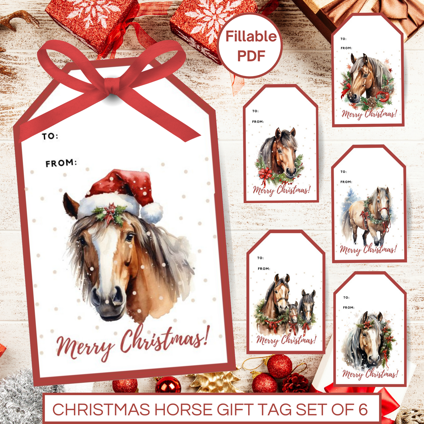 Christmas horse gift tag set of 6 on a Christmasy background