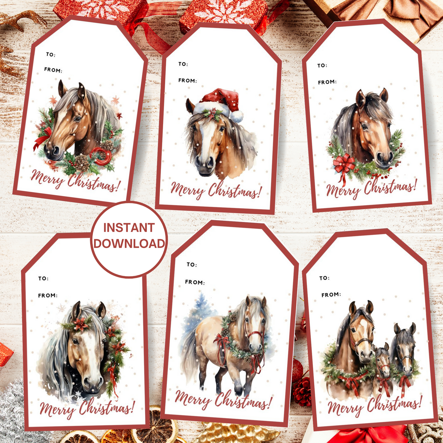 Christmas horse gift tag set of 6 on a Christmasy background