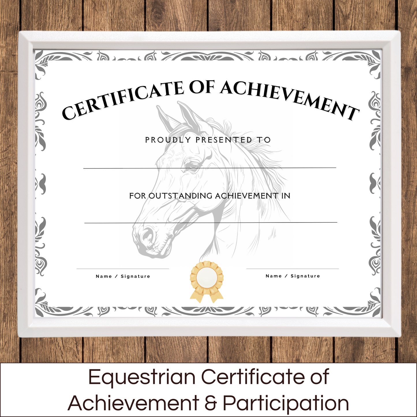 Equestrian certificate of achievement on a dark wooden background. Certificate has a picture of horse in the middle and a golden ribbon below it.