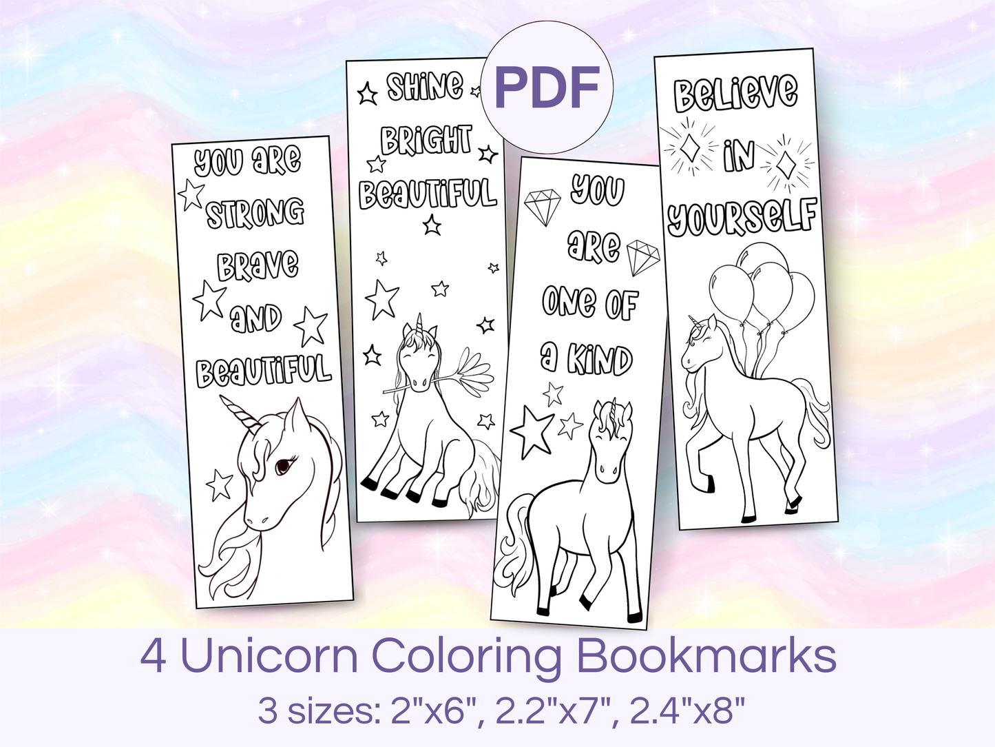 4 Printable Unicorn coloring bookmarks