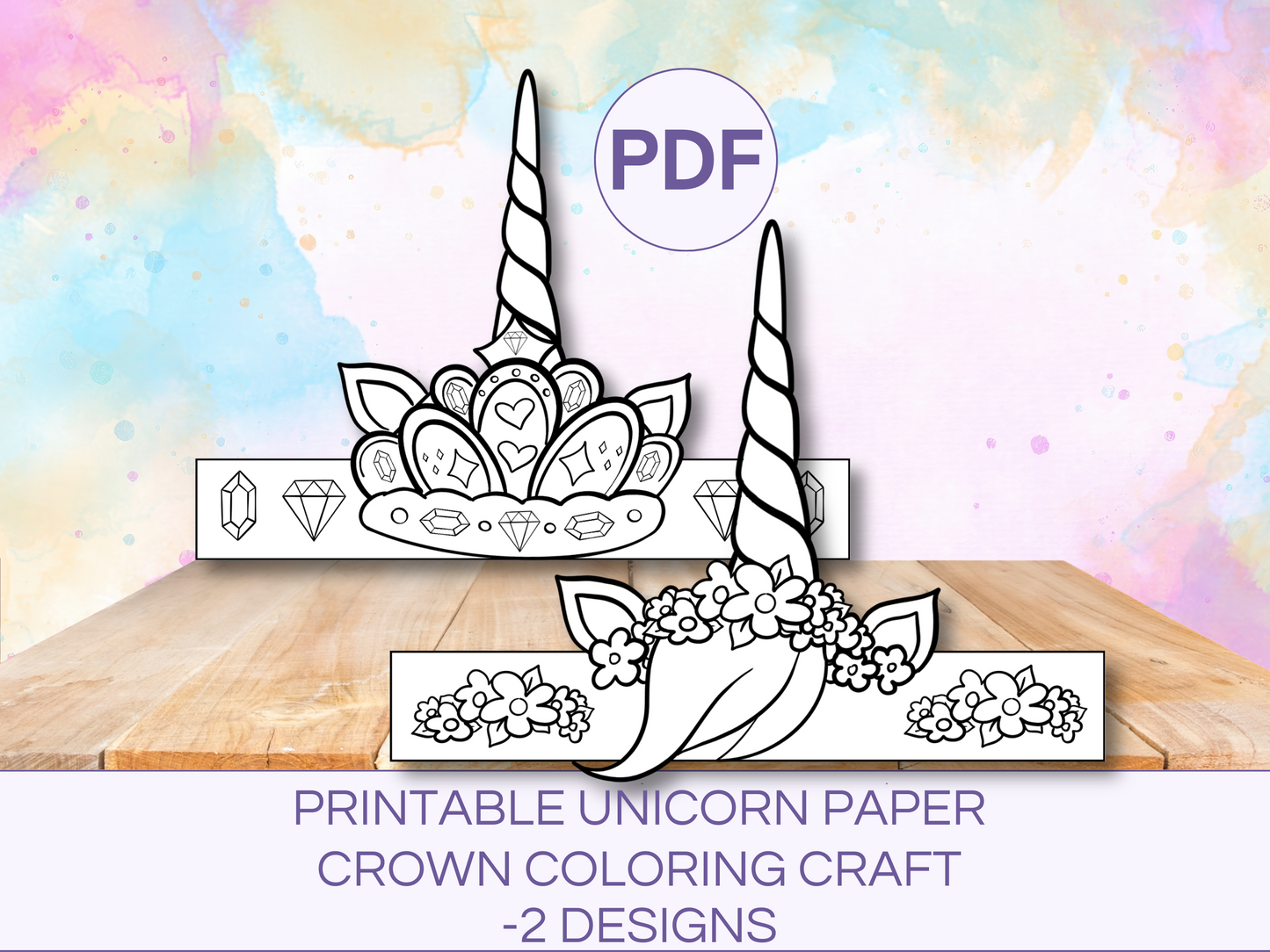 2 Unicorn paper crown crafts. 1 with unicorn horn and flowers and 1 with unicorn horn andcrown