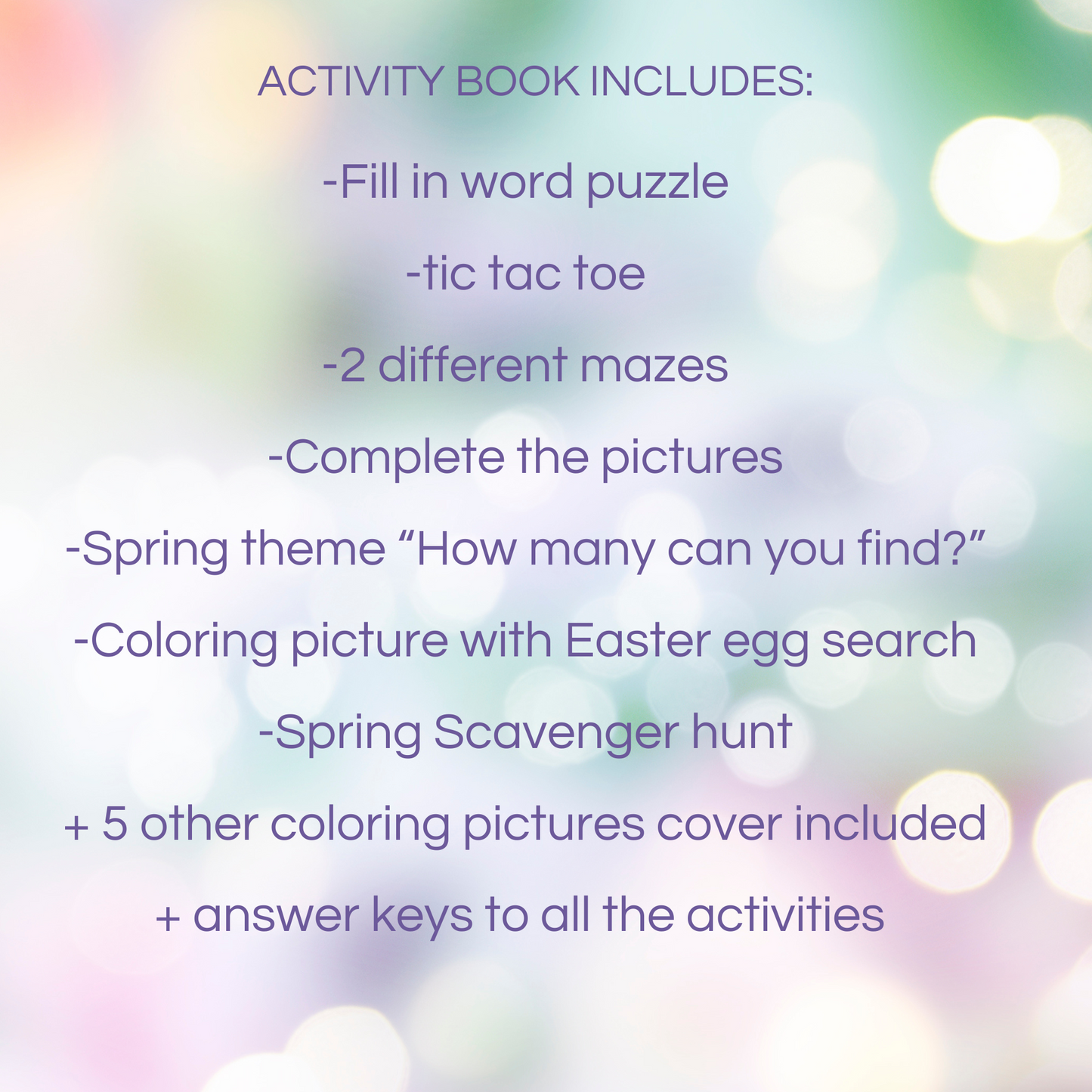 Horse coloring and activity book spring theme. Text saying what is included in the coloring book on a pastel background.