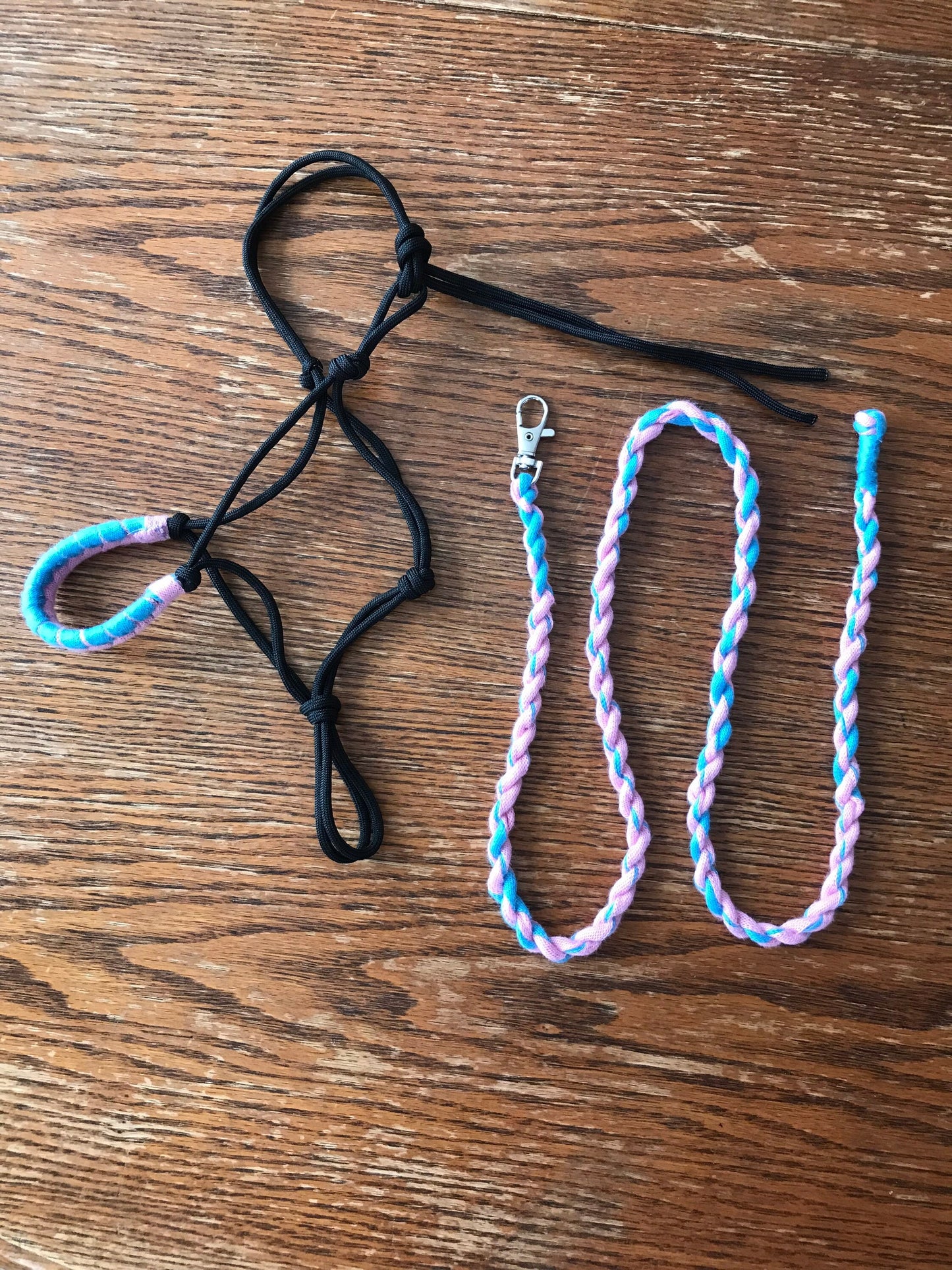 Rope halter and lead rope for hobby horse pink blue, hobby horse tack