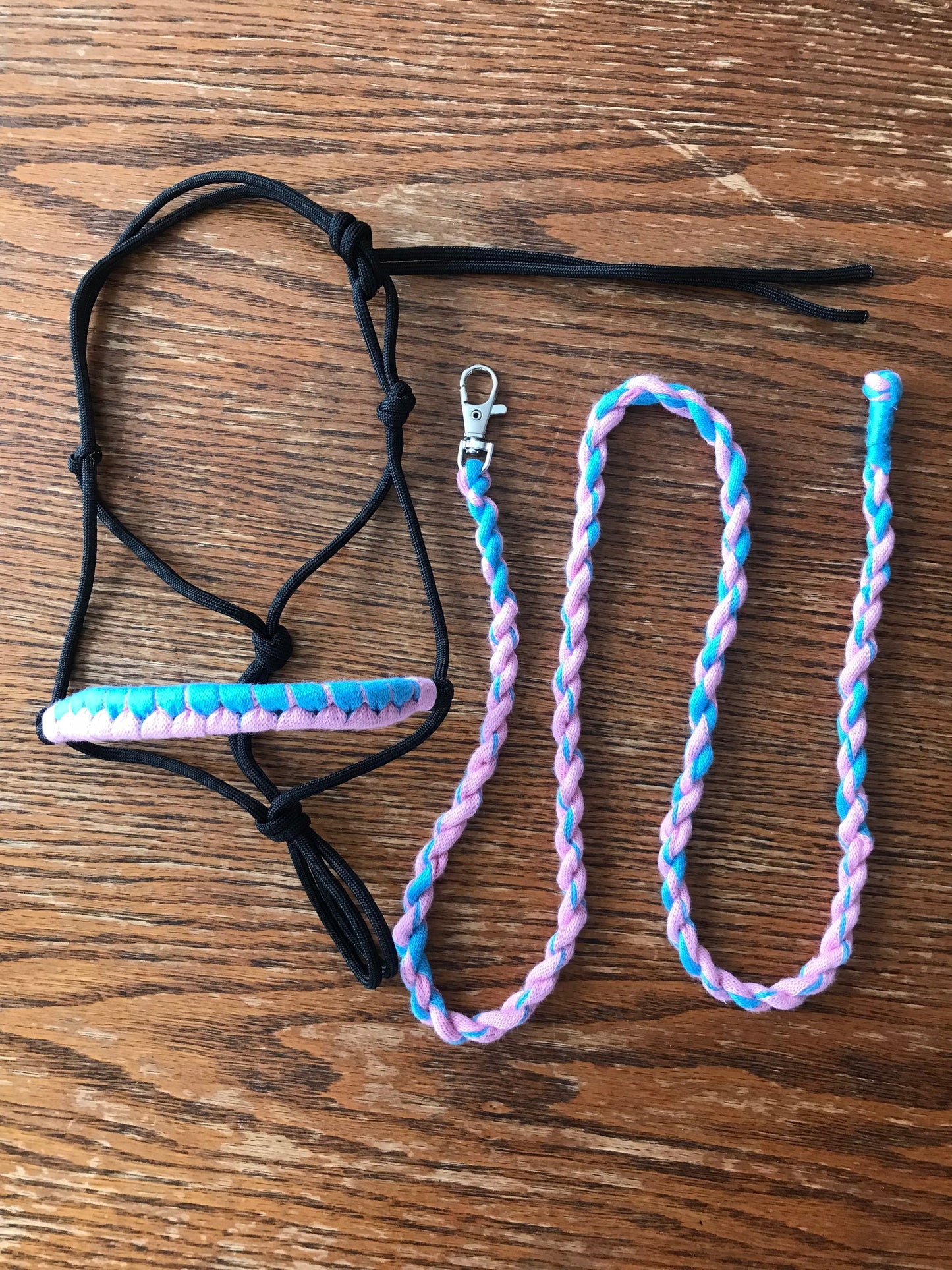 Rope halter and lead rope for hobby horse pink blue, hobby horse tack