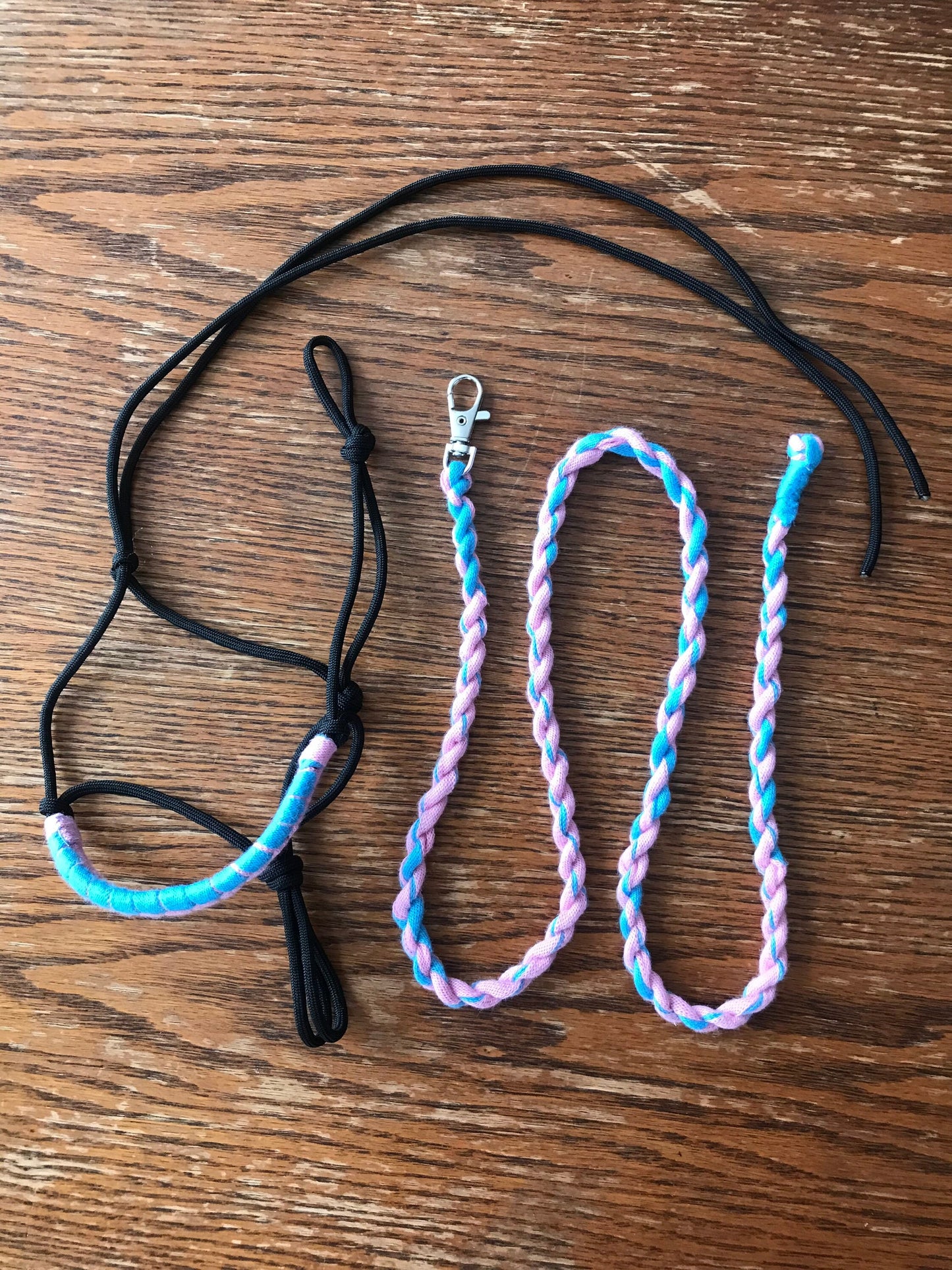 Rope halter and lead rope for hobby horse pink blue, hobby horse tack