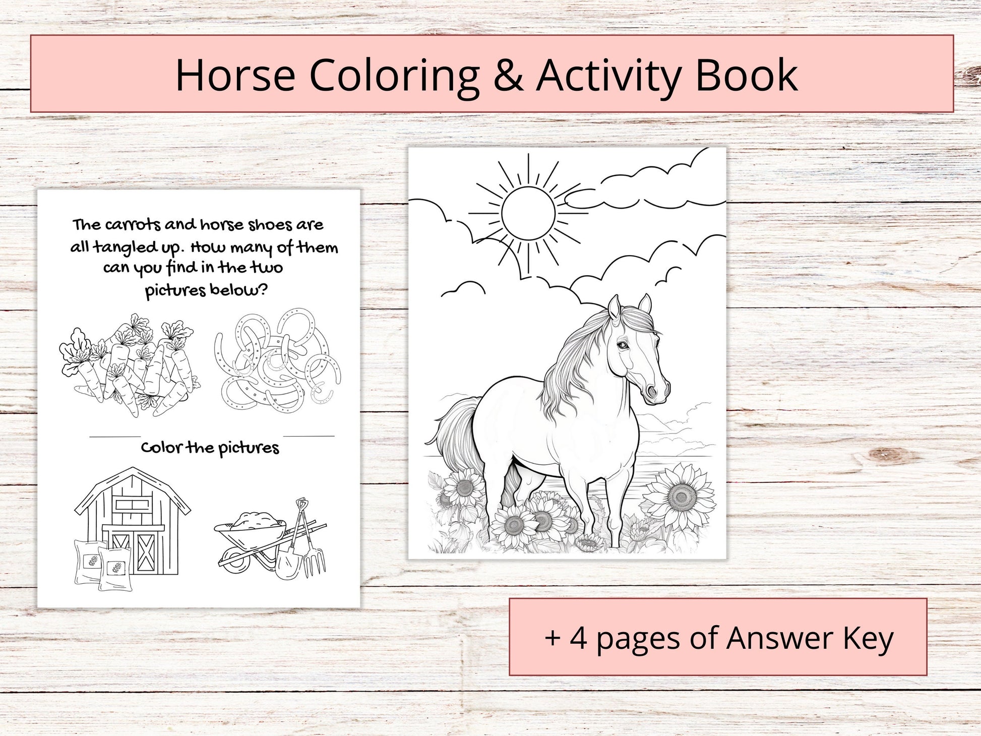 Printable horse coloring&activity book for kids, horse camp activity booklet, horse workbook, digital horse activity sheets for kids