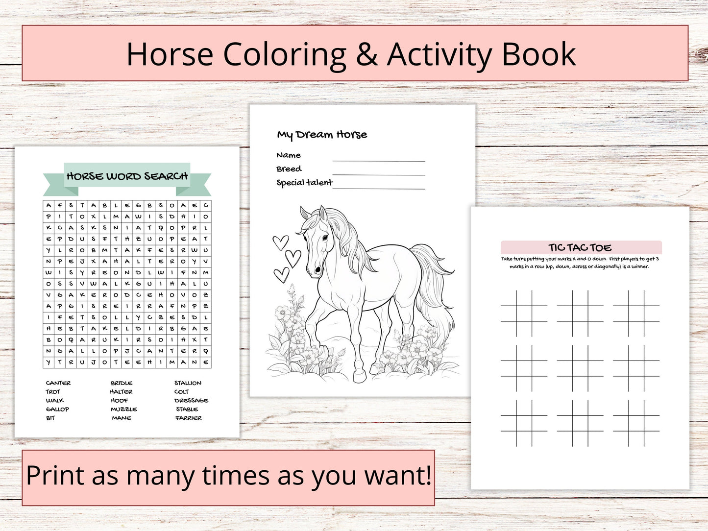 Printable horse coloring&activity book for kids, horse camp activity booklet, horse workbook, digital horse activity sheets for kids