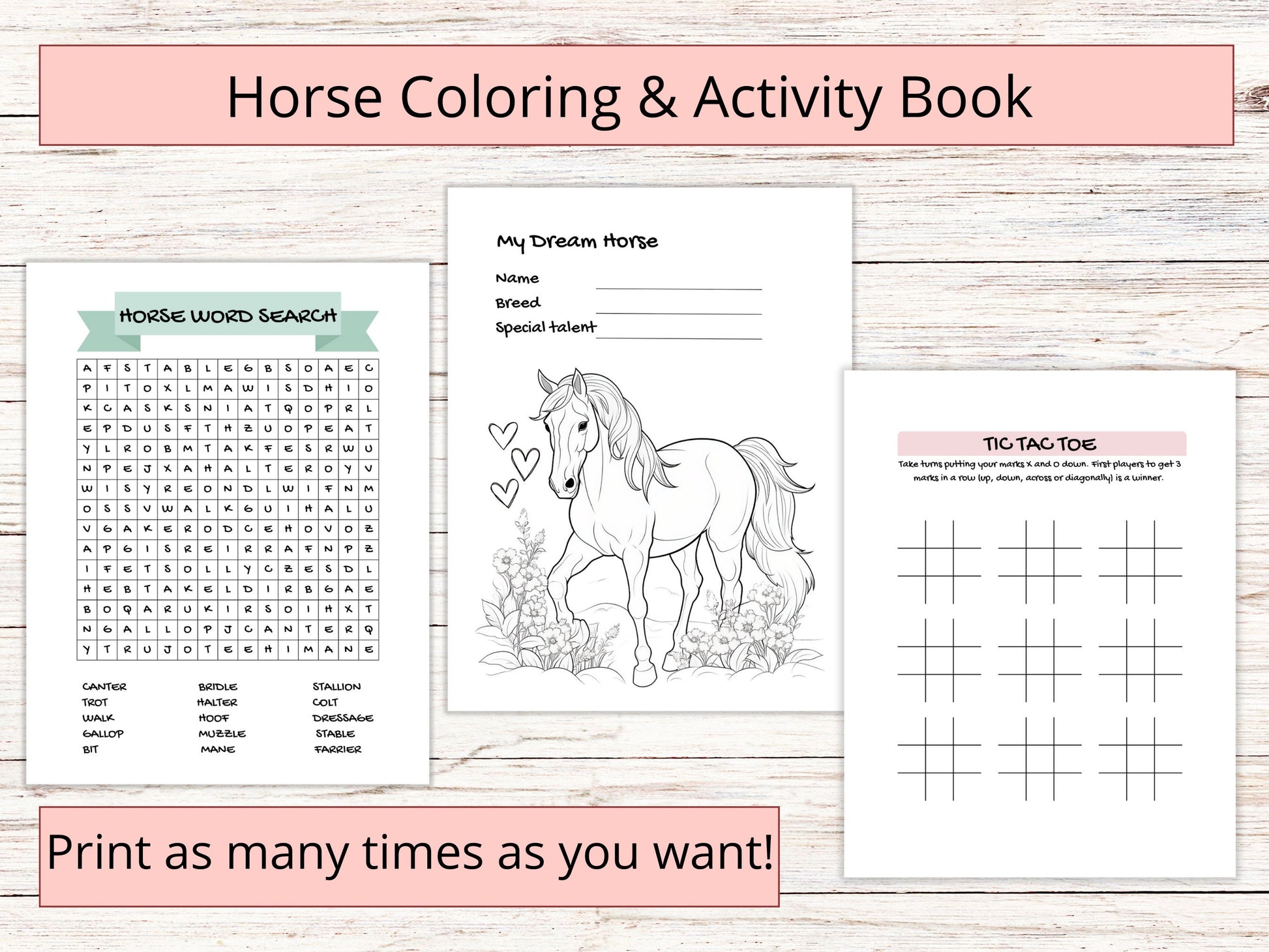Printable horse coloring&activity book for kids, horse camp activity booklet, horse workbook, digital horse activity sheets for kids