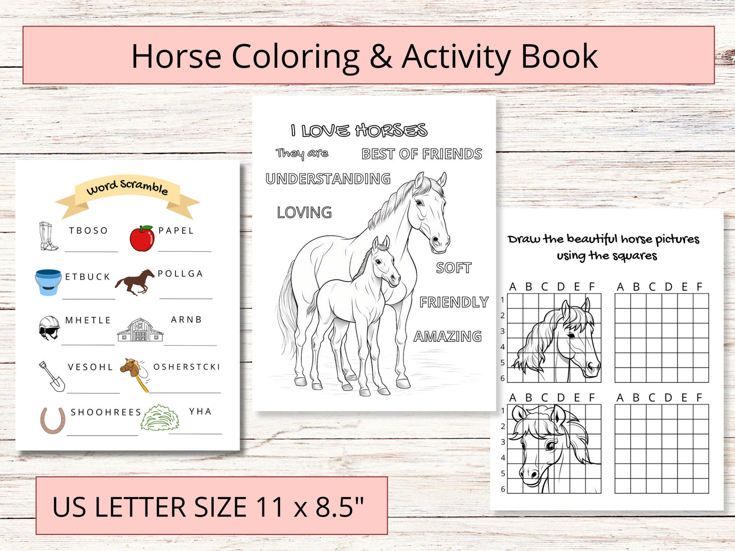 Printable horse coloring&activity book for kids, horse camp activity booklet, horse workbook, digital horse activity sheets for kids