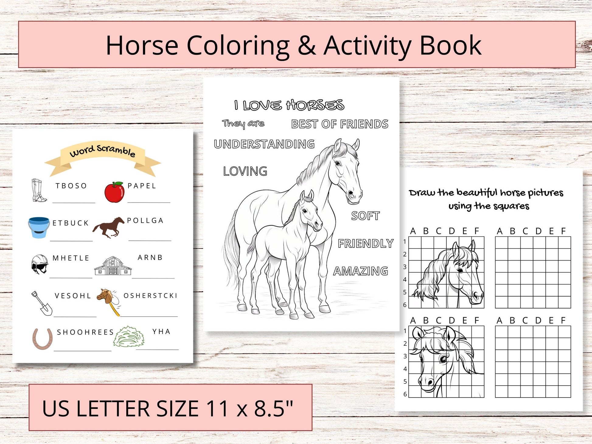 Printable horse coloring&activity book for kids, horse camp activity booklet, horse workbook, digital horse activity sheets for kids
