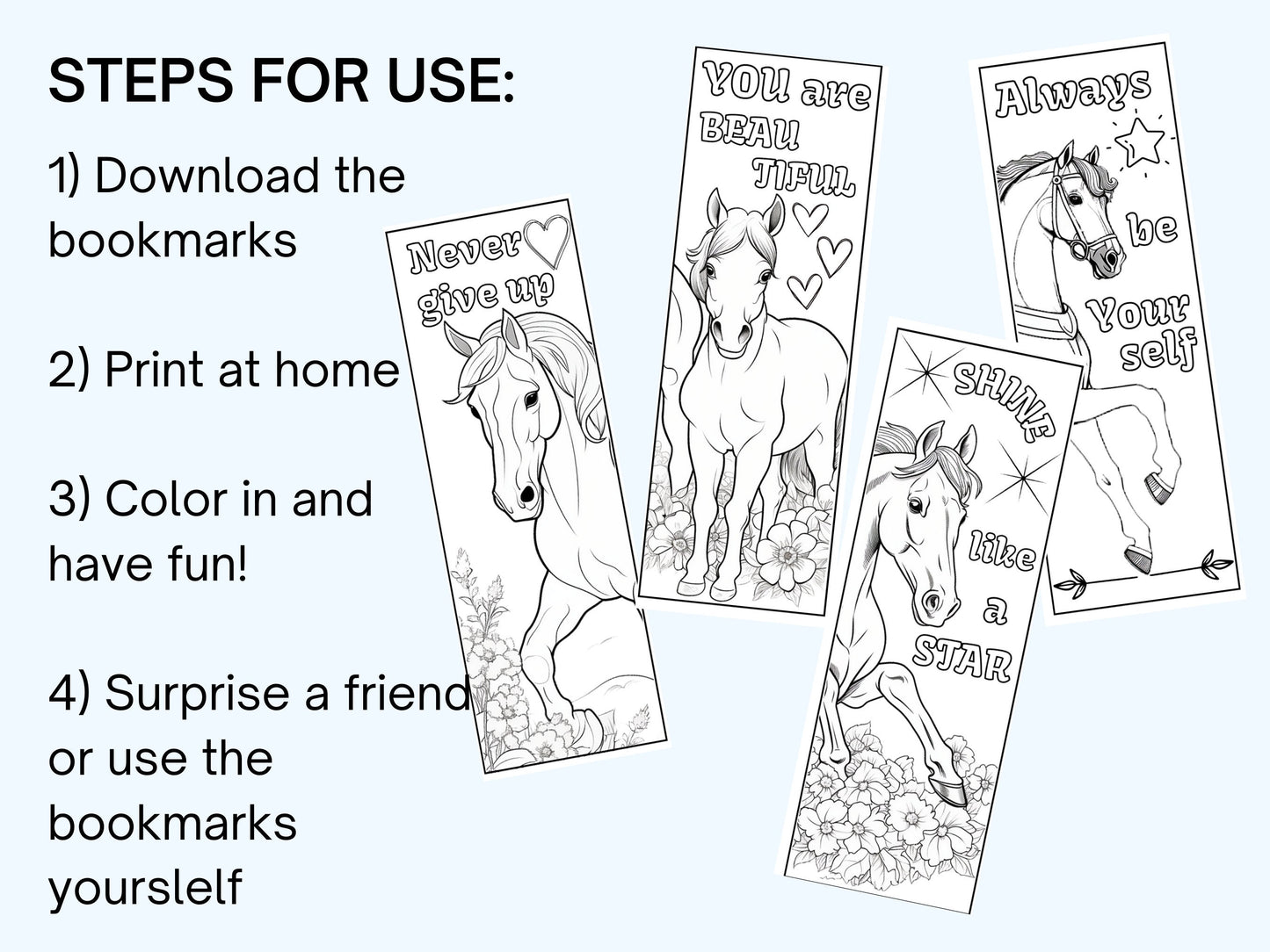 Steps to use bookmars as well as pictures of 4 horse bookmarks