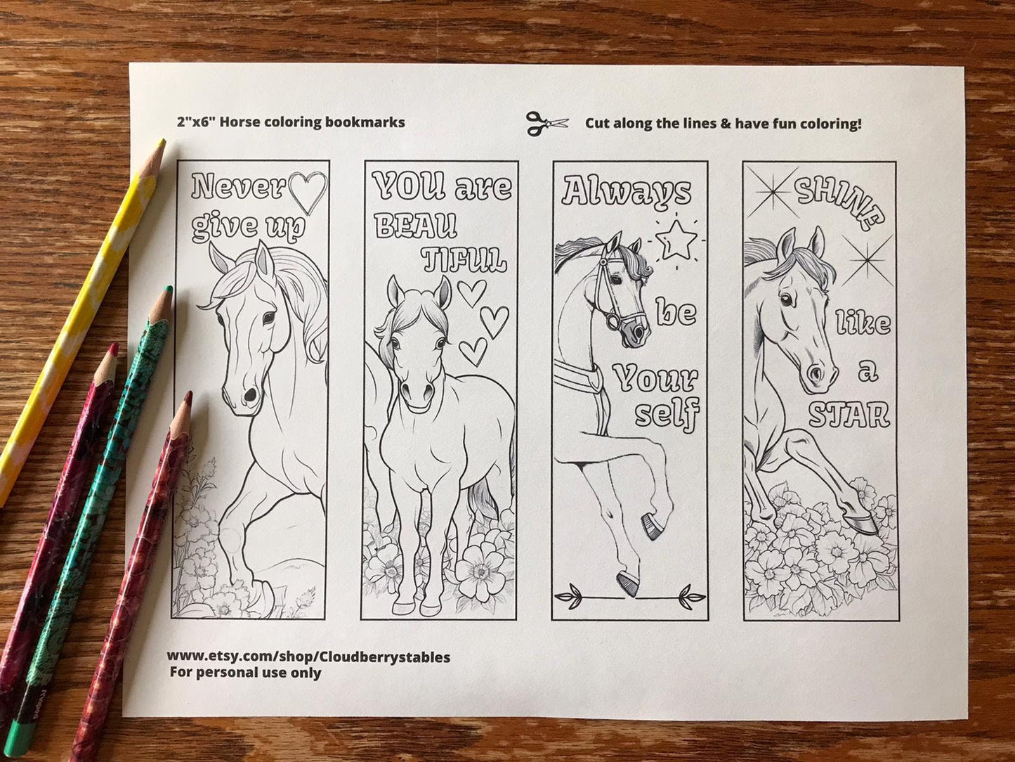 4 horse bookmarks on a US letter