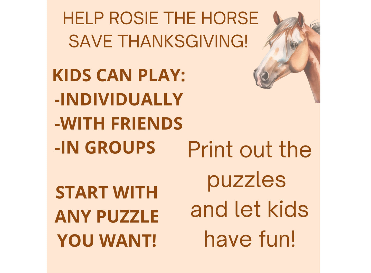 Thanksgiving Escape Room for Kids, Printable Horse theme Thanksgiving Escape Room, Thanksgiving Kids Puzzles, Thanksgiving Kids Activities