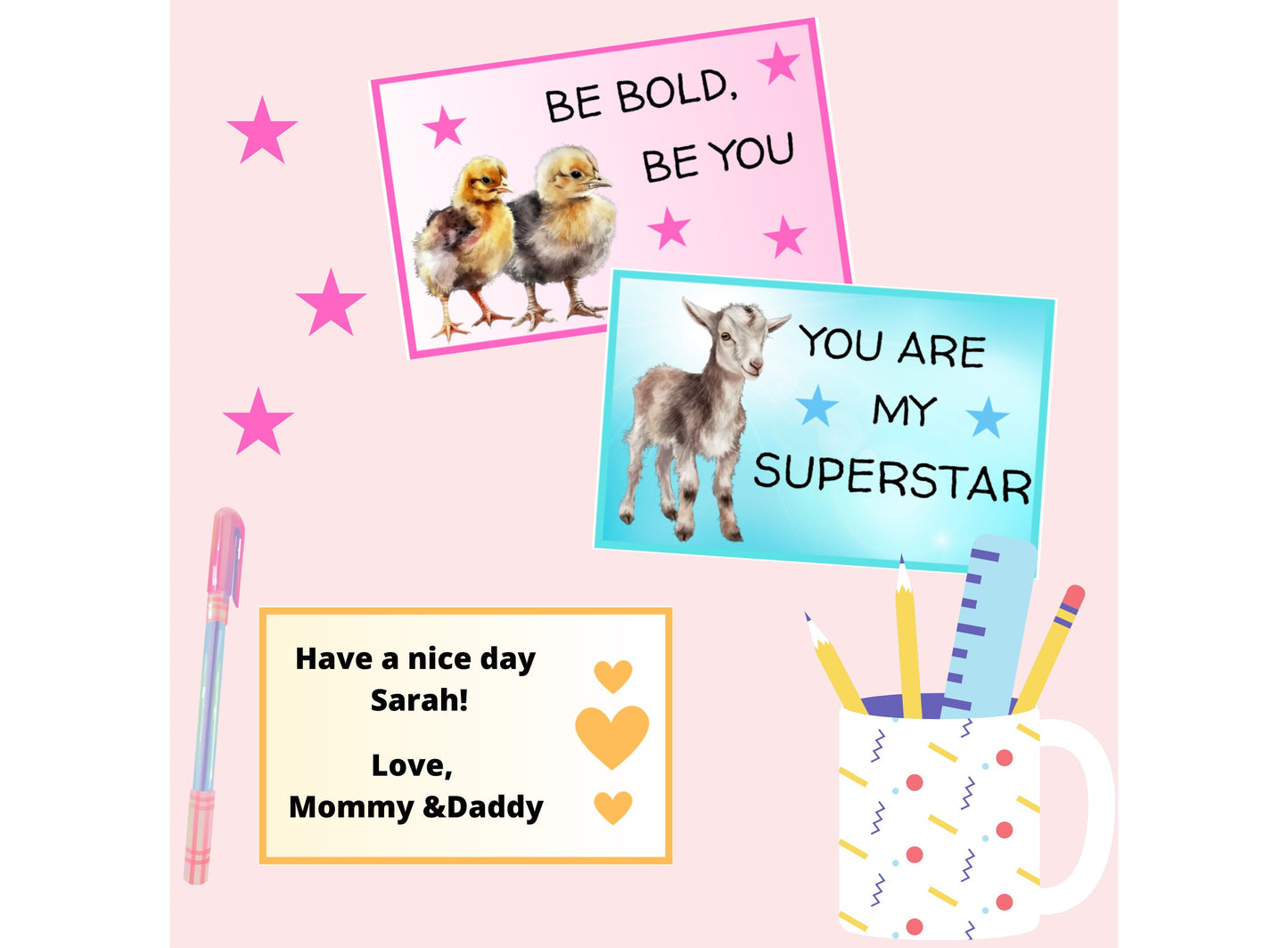 Printable lunchbox notes for kids, Farm animal lunch box notes, Lunch box cards for kids, positive affirmations back to school notes