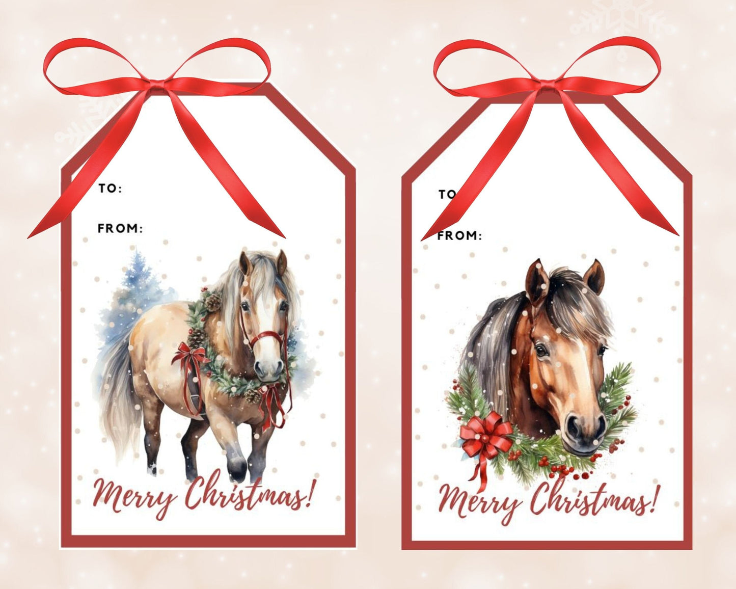 2 Christmas horse gift tags with red bows