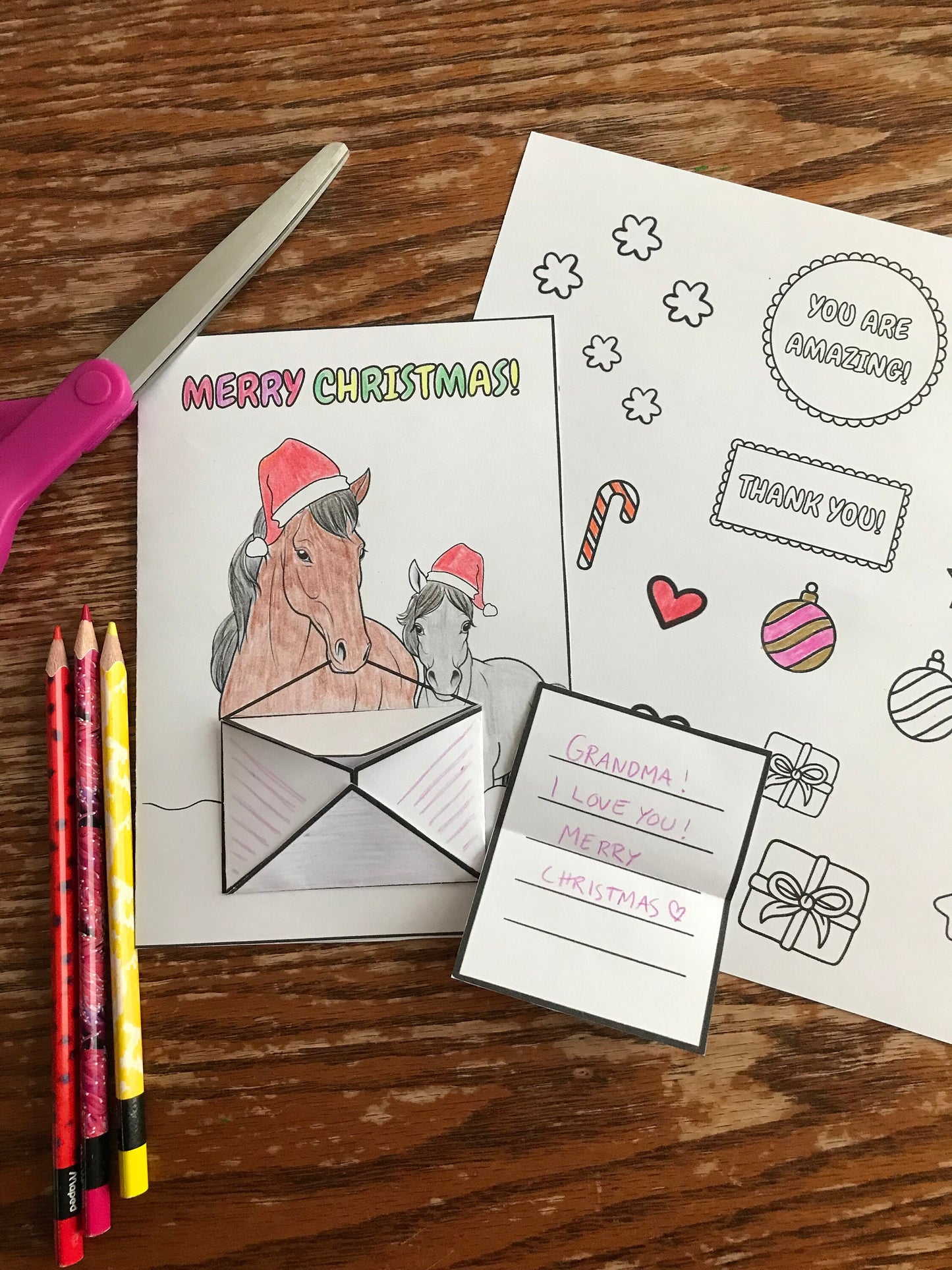 Printable Horse Christmas Coloring Card Template, DIY Christmas Card Horse, Christmas Coloring activity, Horse Holiday Greeting Card Craft