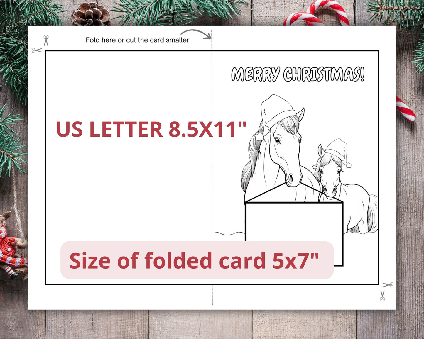 Printable Horse Christmas Coloring Card Template, DIY Christmas Card Horse, Christmas Coloring activity, Horse Holiday Greeting Card Craft