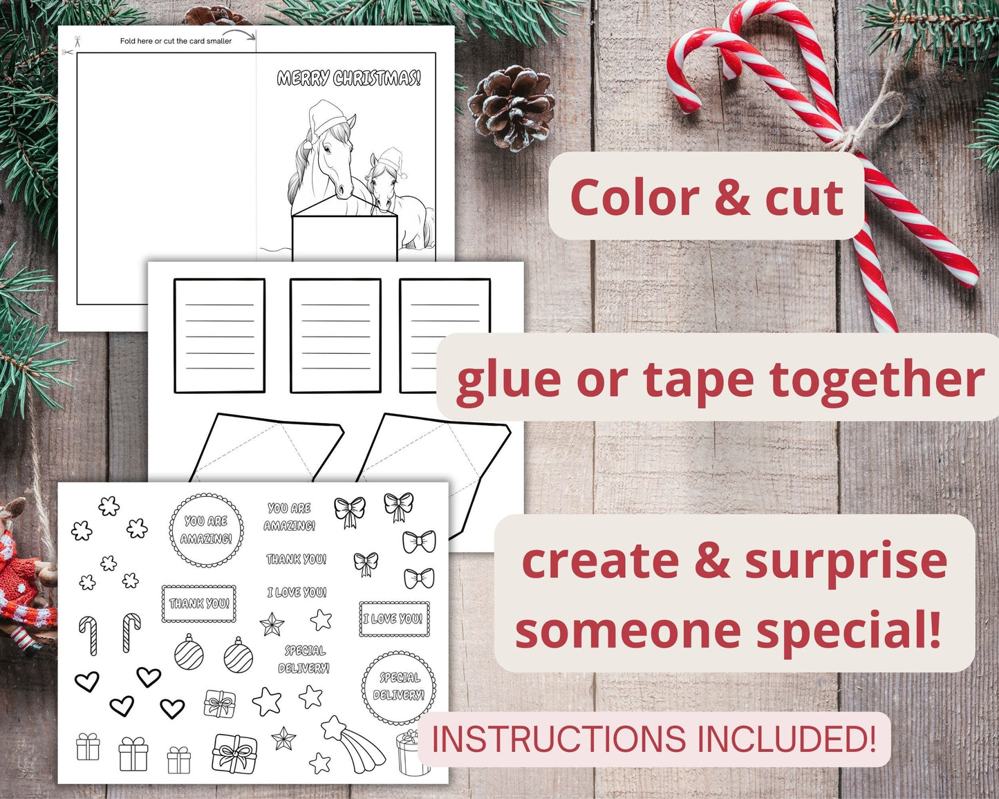 Printable Horse Christmas Coloring Card Template, DIY Christmas Card Horse, Christmas Coloring activity, Horse Holiday Greeting Card Craft