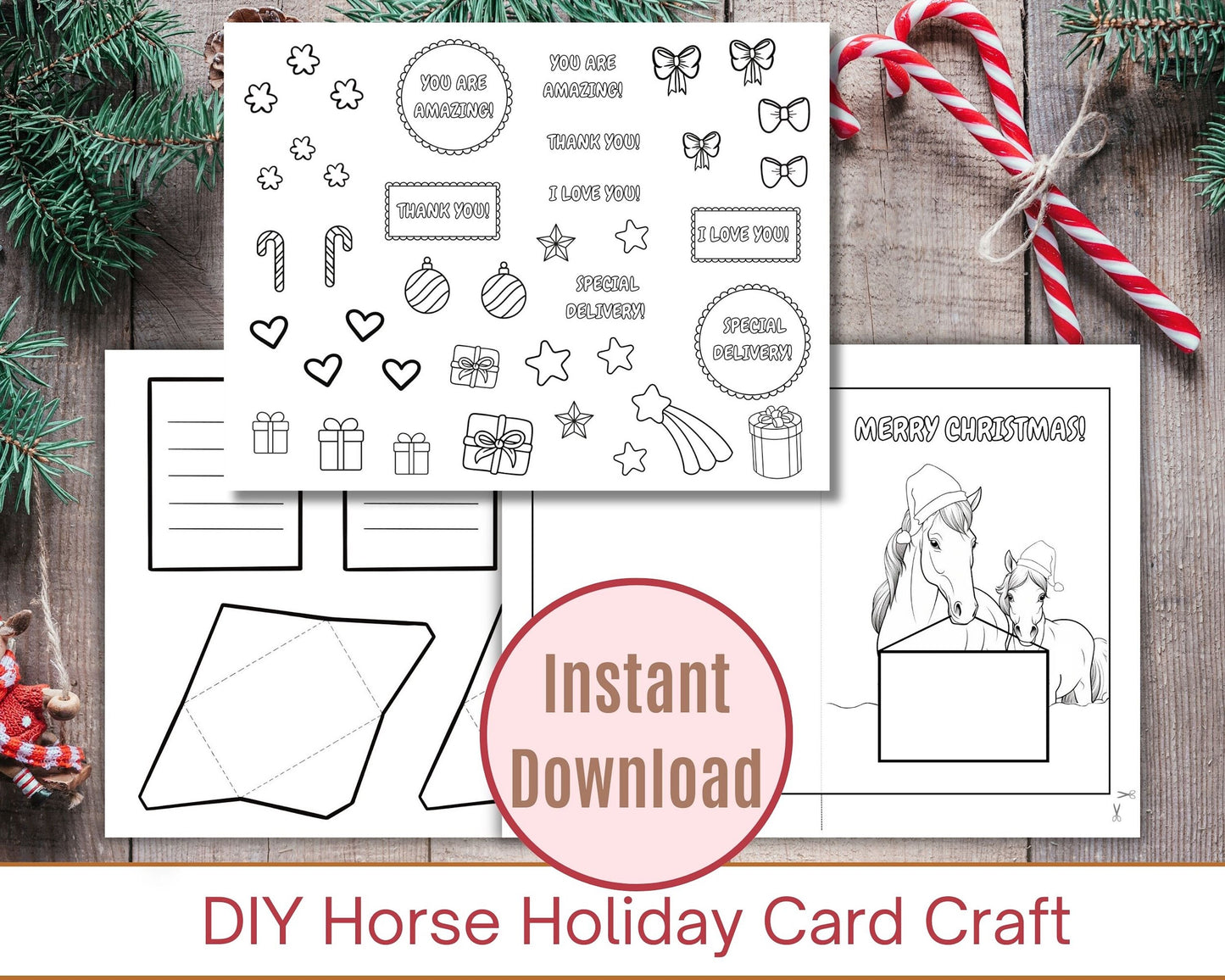 Printable Horse Christmas Coloring Card Template, DIY Christmas Card Horse, Christmas Coloring activity, Horse Holiday Greeting Card Craft