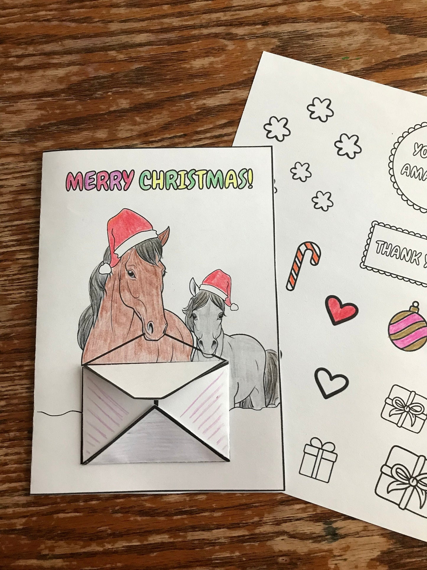 Printable Horse Christmas Coloring Card Template, DIY Christmas Card Horse, Christmas Coloring activity, Horse Holiday Greeting Card Craft
