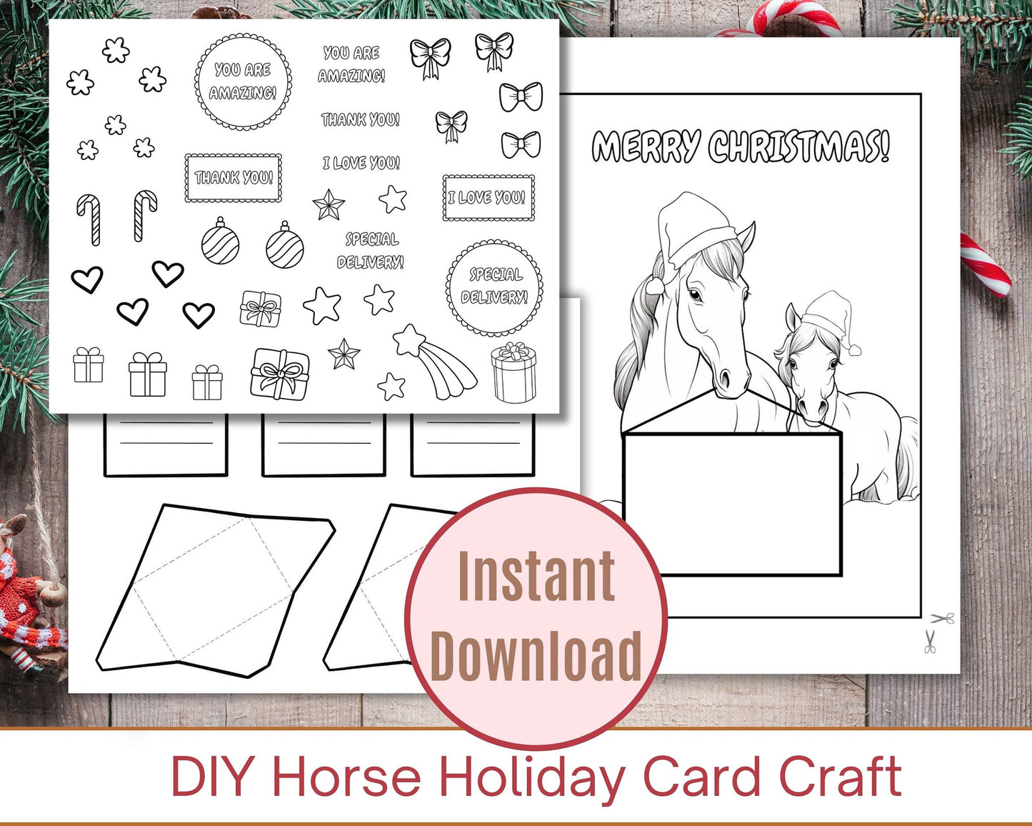 Printable Horse Christmas Coloring Card Template, DIY Christmas Card Horse, Christmas Coloring activity, Horse Holiday Greeting Card Craft