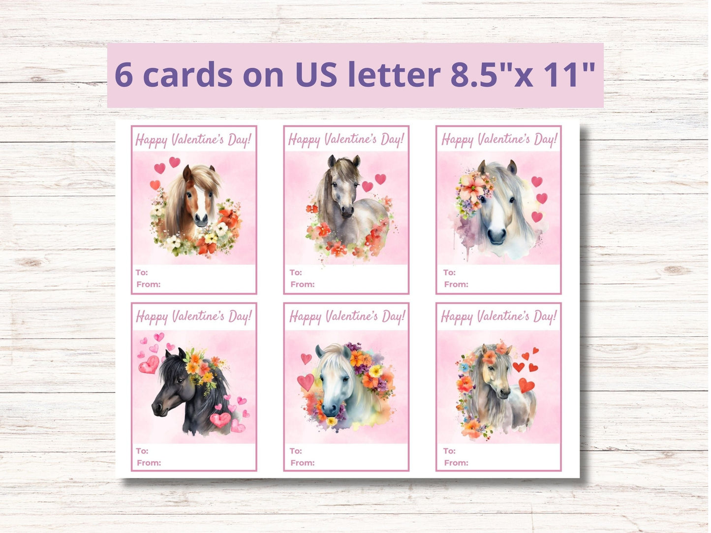 6 Printable Horse Valentines Cards, Classroom Valentine Cards Horse Greeting Cards kids, Valentine Cards for Kids Classroom, Equestrian Card