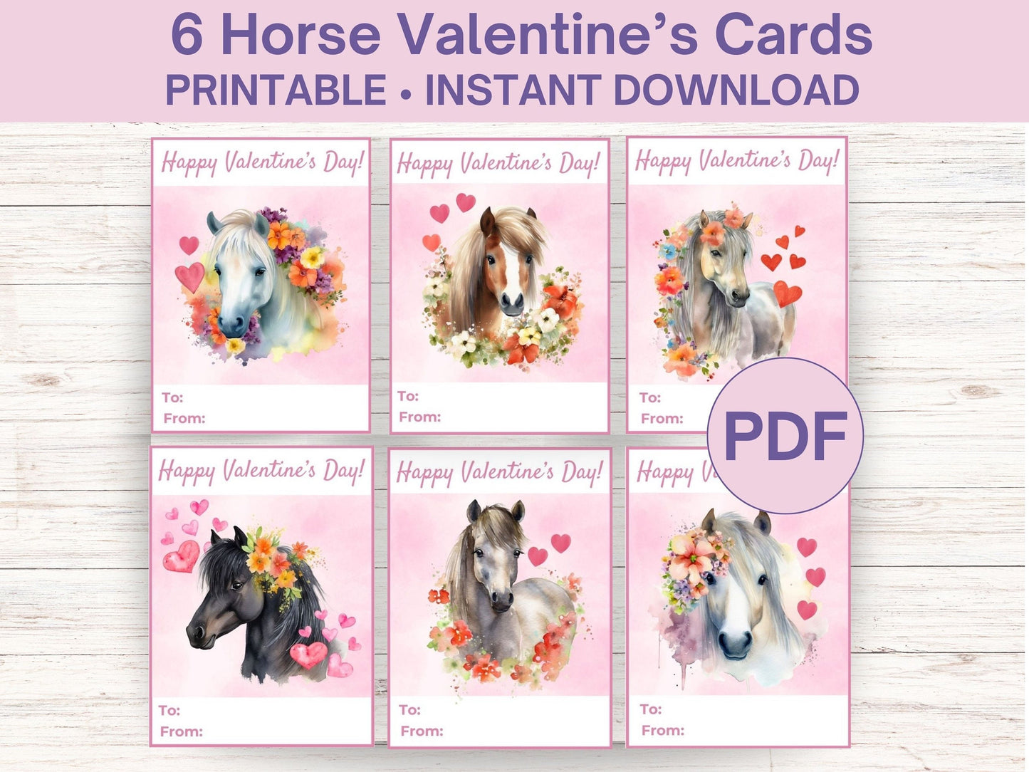 6 Printable Horse Valentines Cards, Classroom Valentine Cards Horse Greeting Cards kids, Valentine Cards for Kids Classroom, Equestrian Card