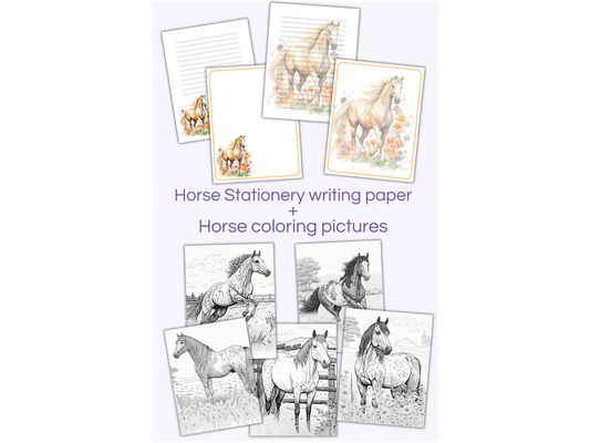 4 horse stationery papers and 5 horse coloring pictures to print on a light purple background 
