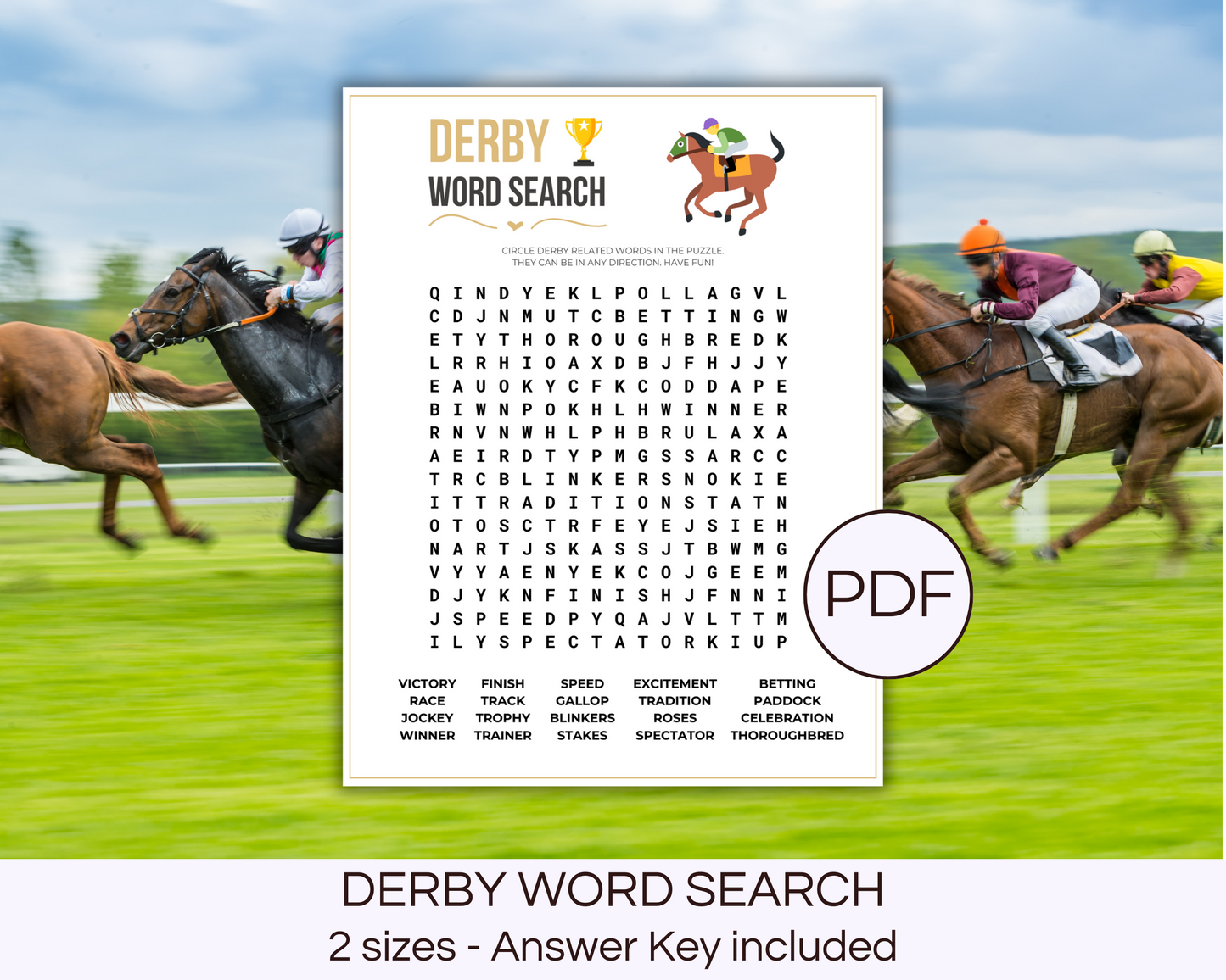 Printable Derby Horse Race word search game, horses racing at the background