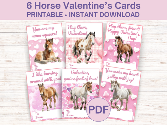 Set of six Valentine's Day cards with horses on a pink background, featuring text and heart designs.
