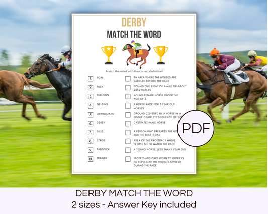 Printable Derby Match the Word Game with race horses at the background