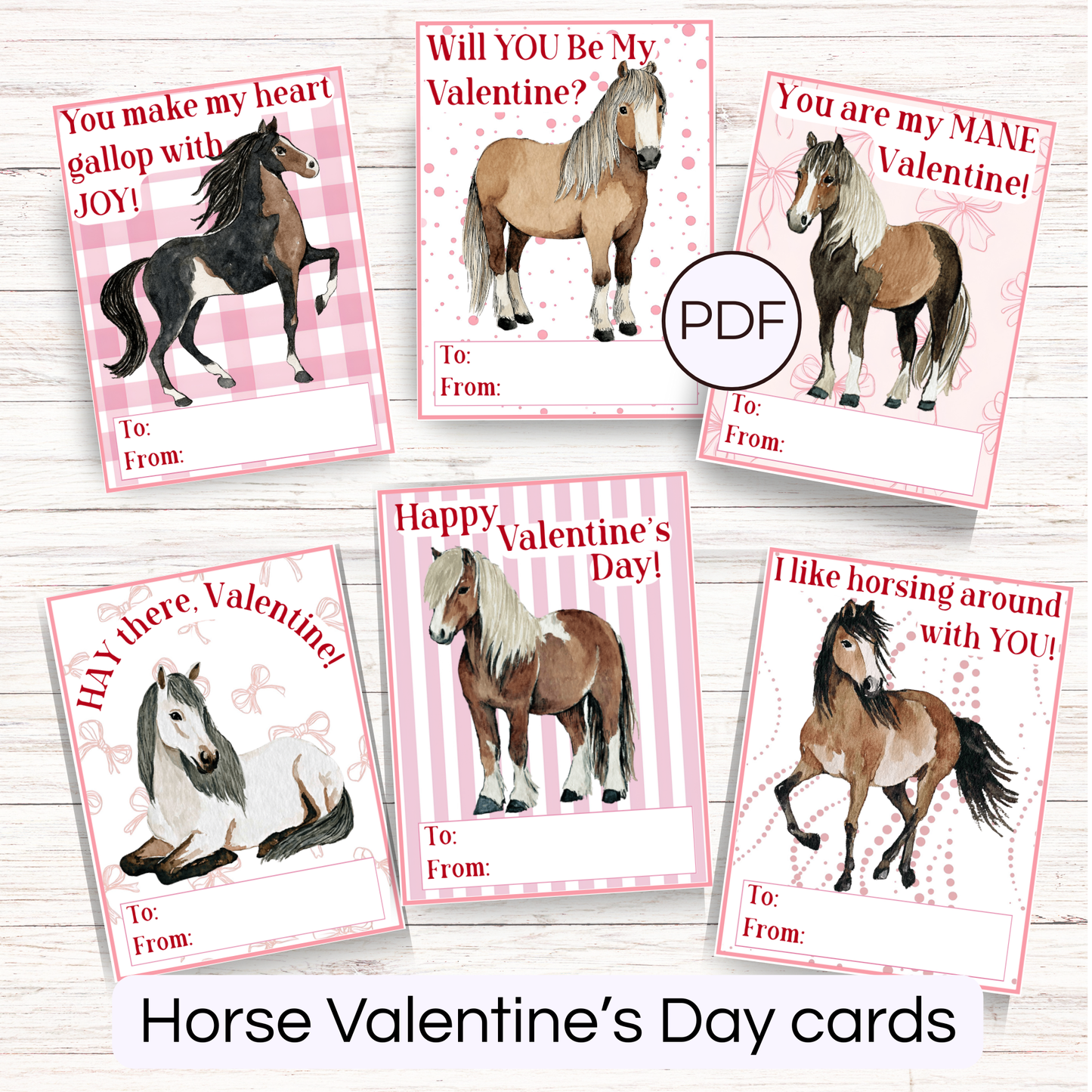6 printable Valentine's Day horse cards. Horses are brown and the cards are pink and white. 