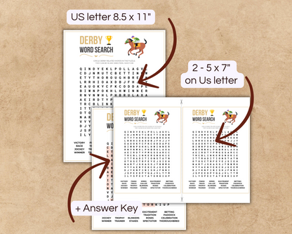 Picture of Derby word search sizes: US letter and 2- 5x7" on US letter+ Answer Key included
